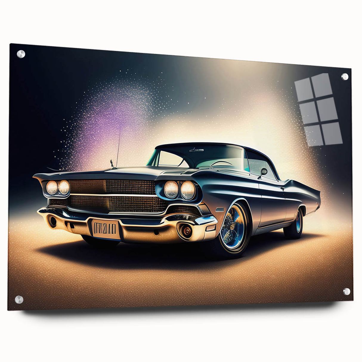 Side view of a vintage car in muted earth tones, acrylic print, ideal for dining room decor.