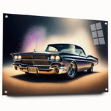 Side view of a vintage car in muted earth tones, acrylic print, ideal for dining room decor.