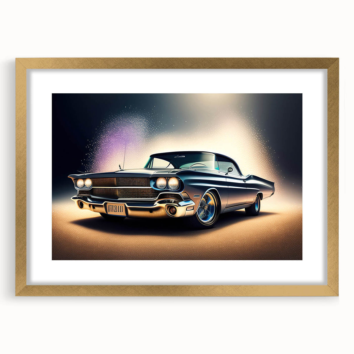 Extra large framed poster featuring a vintage car in muted gray and blue tones, ideal for living room decor.