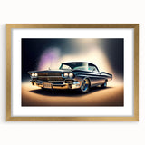 Extra large framed poster featuring a vintage car in muted gray and blue tones, ideal for living room decor.