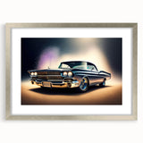 Textured art print of a vintage car in muted earth tones, framed in silver, ideal for bedroom decor.