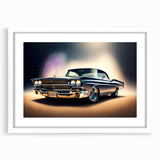Abstract art print featuring a collage of vintage cars in muted earth tones, on a white framed poster.