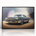 Large abstract wall art featuring a mid-century modernist design of vintage cars in muted colors on a framed acrylic print.