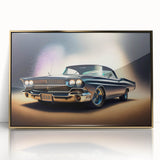 Mid-century modernist art featuring a vintage car in muted colors on a gold-framed acrylic, ideal for modern art wall decor.