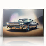 Mid-century modernist art featuring a vintage car in muted earth tones on a silver-framed acrylic print.