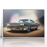 Art deco poster of vintage cars in vibrant colors on a white acrylic framed print, suitable for modern art wall decor.