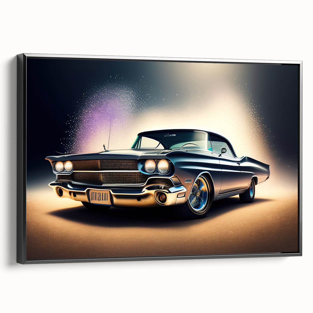 Black and white vintage car poster art on framed canvas, ideal for bedroom wall decor.
