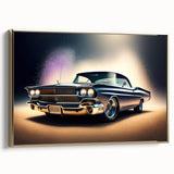 Side view of a vintage car in gold and black colors on a framed canvas.