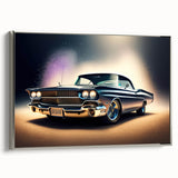 Side view of a classic car in black and white, framed canvas, ideal for adding a vintage touch to any room.