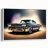 Framed canvas featuring a side view of a colorful vintage car on a black background.