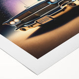 Art deco poster featuring a vintage car in muted gray and blue tones on rolled canvas, suitable for dining room wall art.