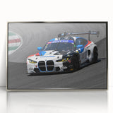 Mid-century modernist style print of vintage cars in muted colors on a silver-framed acrylic, suitable for nursery wall art.