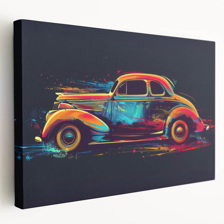 Vintage car print in muted gray, displayed on stretched canvas, suitable for kitchen wall art.