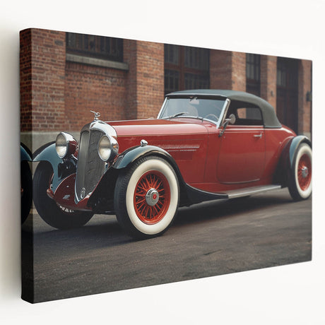 Vintage car print in muted sepia tones on stretched canvas, suitable for kitchen wall art.