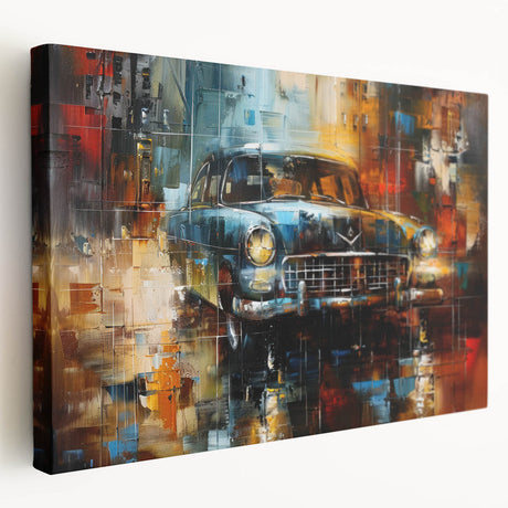 Vintage car print on stretched canvas, featuring earthy tones and classic design, ideal for kitchen wall art.