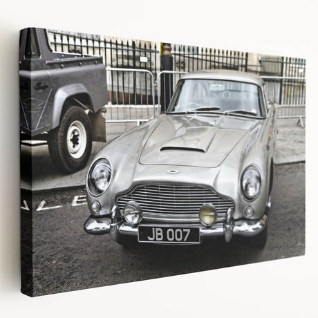Vintage car illustration on stretched canvas in muted earth tones, suitable for kitchen wall art.