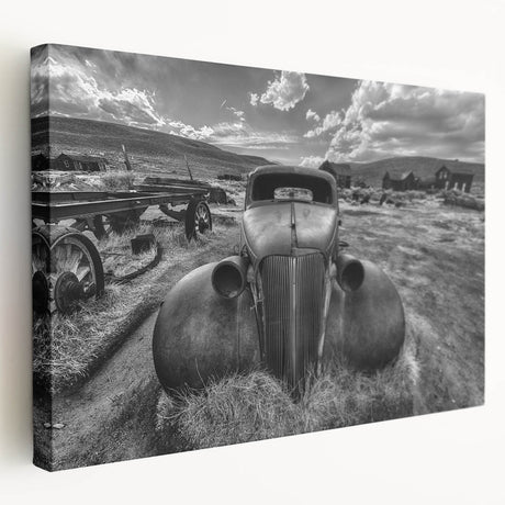 Vintage car print in muted earth tones on stretched canvas, suitable for kitchen wall art.