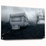 Acrylic print of a caravan in muted earth tones, ideal for dining room or bedroom decor.