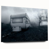 Mid-century modernist acrylic print featuring a caravan in neutral and orange tones, ideal for dining room art.