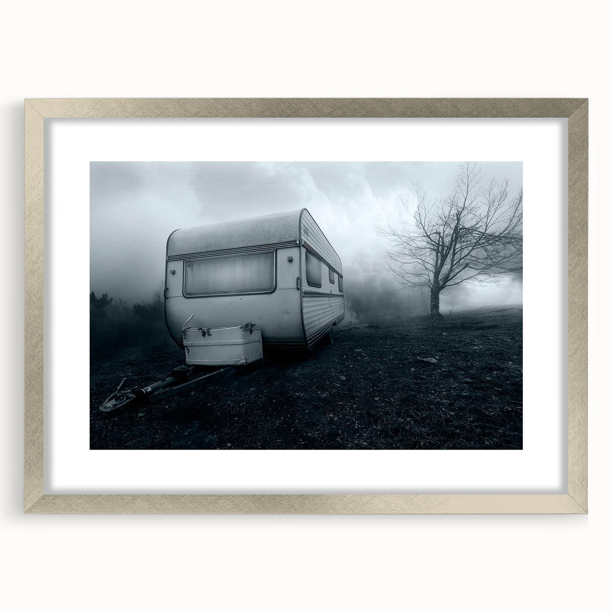 Abstract art print of a caravan in muted earth tones on a framed canvas, suitable for dining room decor.