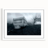Extra large abstract art print featuring a textured caravan design in muted earth tones, framed in white.