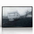 Large abstract wall art featuring a mid-century modernist caravan design in muted earth tones, framed in black acrylic.