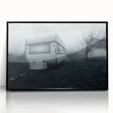 Large abstract wall art featuring a mid-century modernist caravan design in muted earth tones, framed in black acrylic.