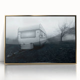Mid-century modernist art depicting a caravan, rendered in gold and black tones on a framed acrylic.