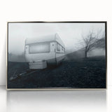 Art Deco style poster of a vintage caravan in muted silver and gray tones, acrylic print in silver frame.