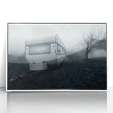 Mid-century modernist caravan art in muted tones on white acrylic, ideal for nursery wall decor.