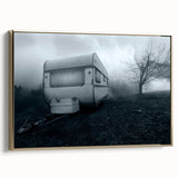 Framed canvas depicting a vintage caravan in a landscape, using a palette of black and colorful art, ideal for a living room.