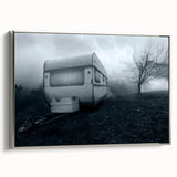 Vintage poster art of a colorful caravan on a black background, framed canvas, ideal for living room decor.