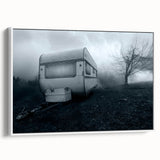 Framed canvas featuring a vintage caravan in a landscape, rendered in black and white, ideal for bedroom wall art.