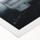 Art deco style poster of a vintage caravan in muted earth tones on rolled canvas, suitable for dining room decor.