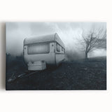 Black and white stretched canvas featuring a vintage caravan, ideal for kitchen wall art.