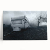 Black and white photo of a vintage caravan on stretched canvas, suitable as large kitchen wall art or for bedroom ambiance.