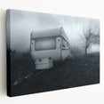 Vintage caravan in muted earth tones on a stretched canvas, ideal for kitchen wall art.