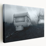 Vintage caravan in muted earth tones on a stretched canvas, ideal for kitchen wall art.