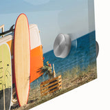 Mid-century modernist large abstract wall art featuring a caravan, in vibrant hues, printed on acrylic glass.