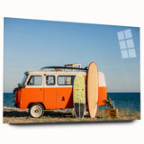 Large abstract wall art on acrylic glass depicting a stylized caravan in neutral tones.