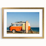 Textured abstract art print of a caravan in muted earth tones on a framed canvas, ideal for bedroom art.