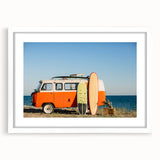 Extra large abstract art print of a caravan in textured grays and whites on a framed canvas, ideal for living room decor.