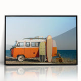 Large abstract wall art featuring a caravan in muted earth tones, framed acrylic, ideal for modern living room decor.