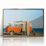 Mid-century modernist art of a vintage caravan in pastel shades, framed acrylic, ideal for nursery wall art.