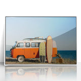 Mid-century modernist art featuring a caravan in soft pastel colors on a white acrylic framed print.