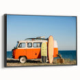 Black and white framed canvas of a vintage caravan in a landscape setting, ideal for bedroom wall art.