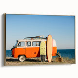 Framed canvas depicting a vintage caravan in a landscape, with a palette of black and colorful tones.