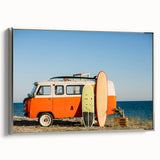 Vintage poster art of a colorful caravan on a black background, printed on a large framed canvas.