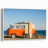 Framed canvas featuring a vintage caravan in a landscape setting with muted earth tones, ideal for bedroom wall art.