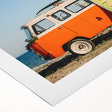 Art Deco poster of a vintage caravan in muted earth tones on rolled canvas, suitable for dining room wall art.